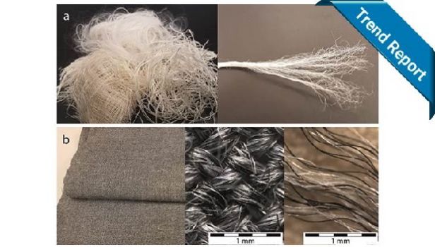 Fig. 1 
Feed material 
a) flame-retardant viscose fibers (CV-FR); b) aramid-viscose (FR) blended fabric; aramid spun-dyed black, viscose appears white by contained flame-retardant pigment
