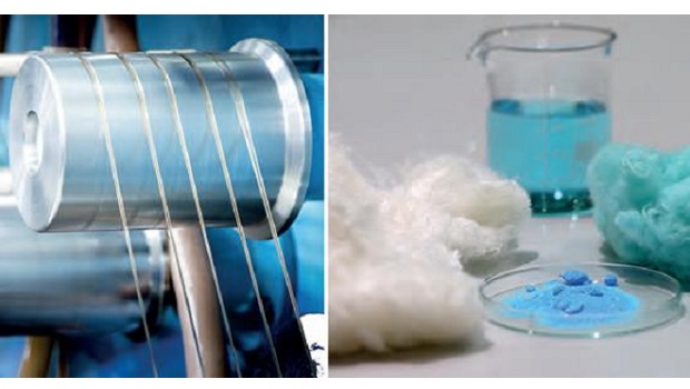 At the TITK a process to directly dissolve and dry-wet form cellulose has been established – the Alceru-process (left). Based on this process, to date functional lyocell fibers have been developed. The latest modification (right): By loading with copper ions the fiber Cell Solution Bioactive has a permanently anti-viral effect. (Source: TITK)